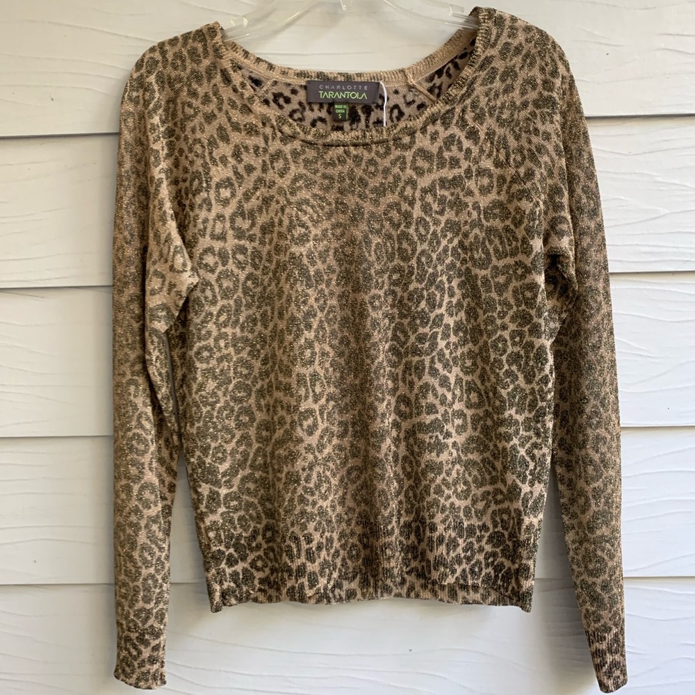 Charlotte Tarantola Gold Shimmer Leopard Pullover Sweater